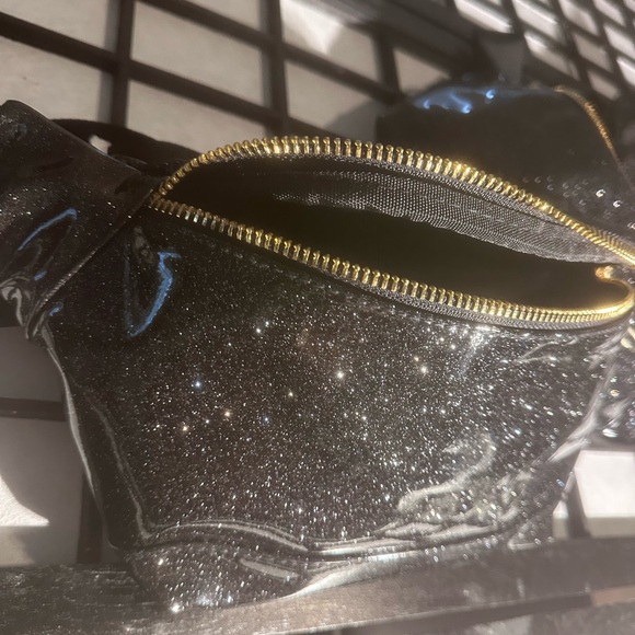 Medium Black Shiny Fanny Pack with Gold Accents - Picture 3 of 11